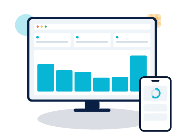 Abstract illustration of an analytics dashboard on desktop and mobile